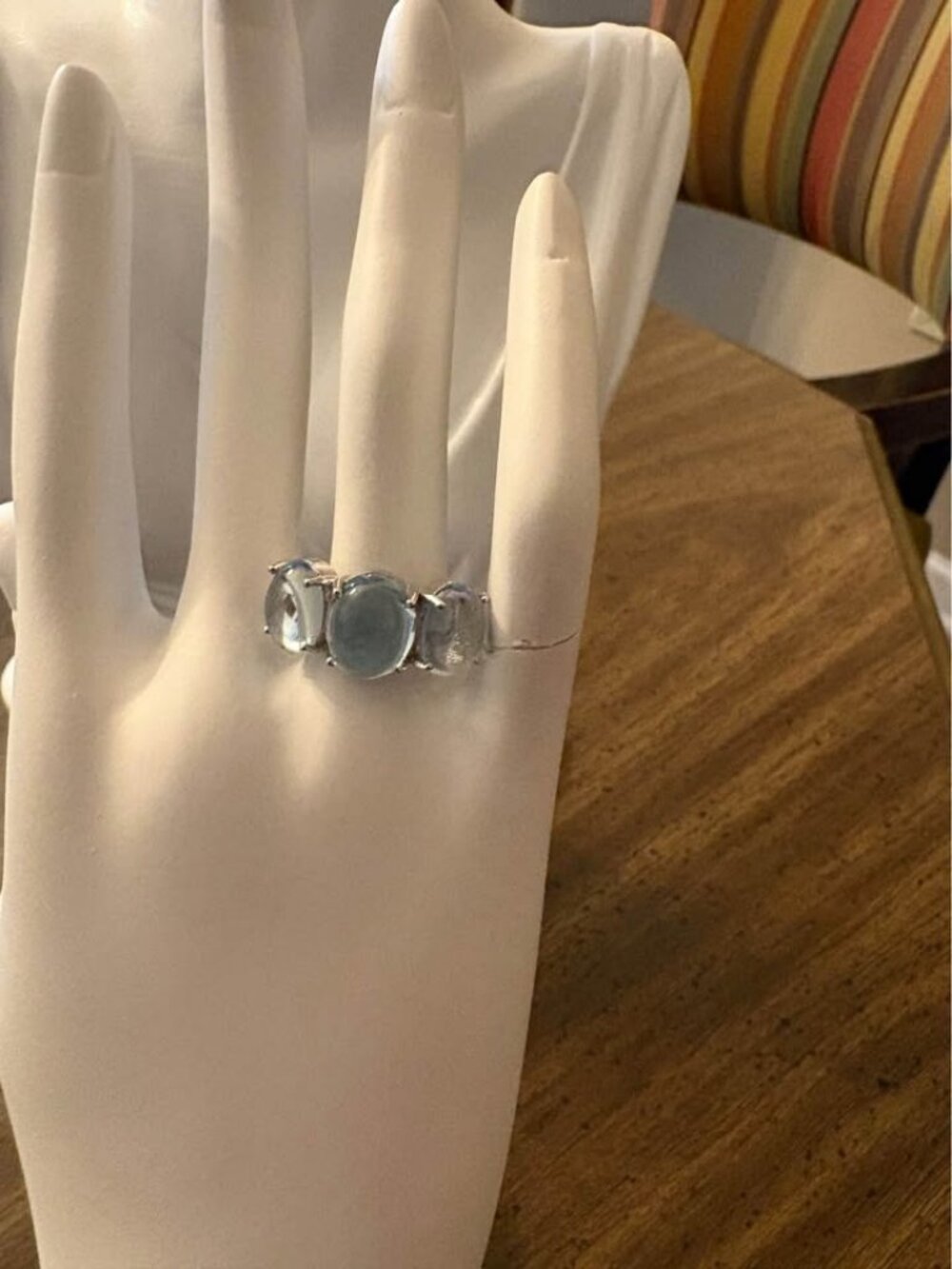 Blue Topaz Three-Stone Cabochon Ring Sterling 925 Size 8